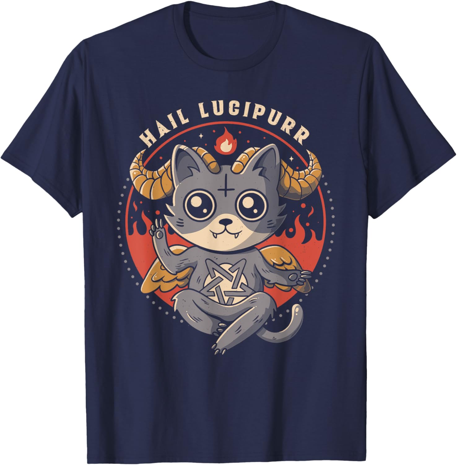 Hail Lucipurr Devil Cat Lover Pentagram Satan Cute Baphomet Women T-Shirt - T-Shirt | Navy