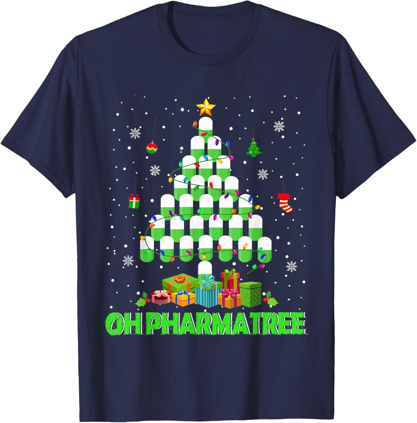 Oh Pharmatree Christmas Tree Pharmacy Medication Pharmacist T-Shirt - T-Shirt | Navy