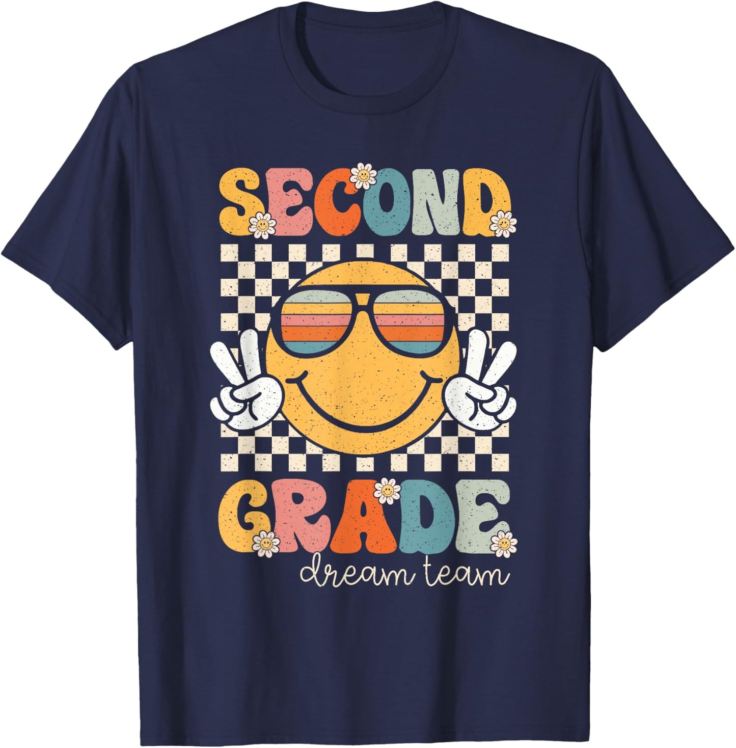 Second Grade Dream Team Smile Retro Back To School 2nd Grade T-Shirt - T-Shirt | Navy