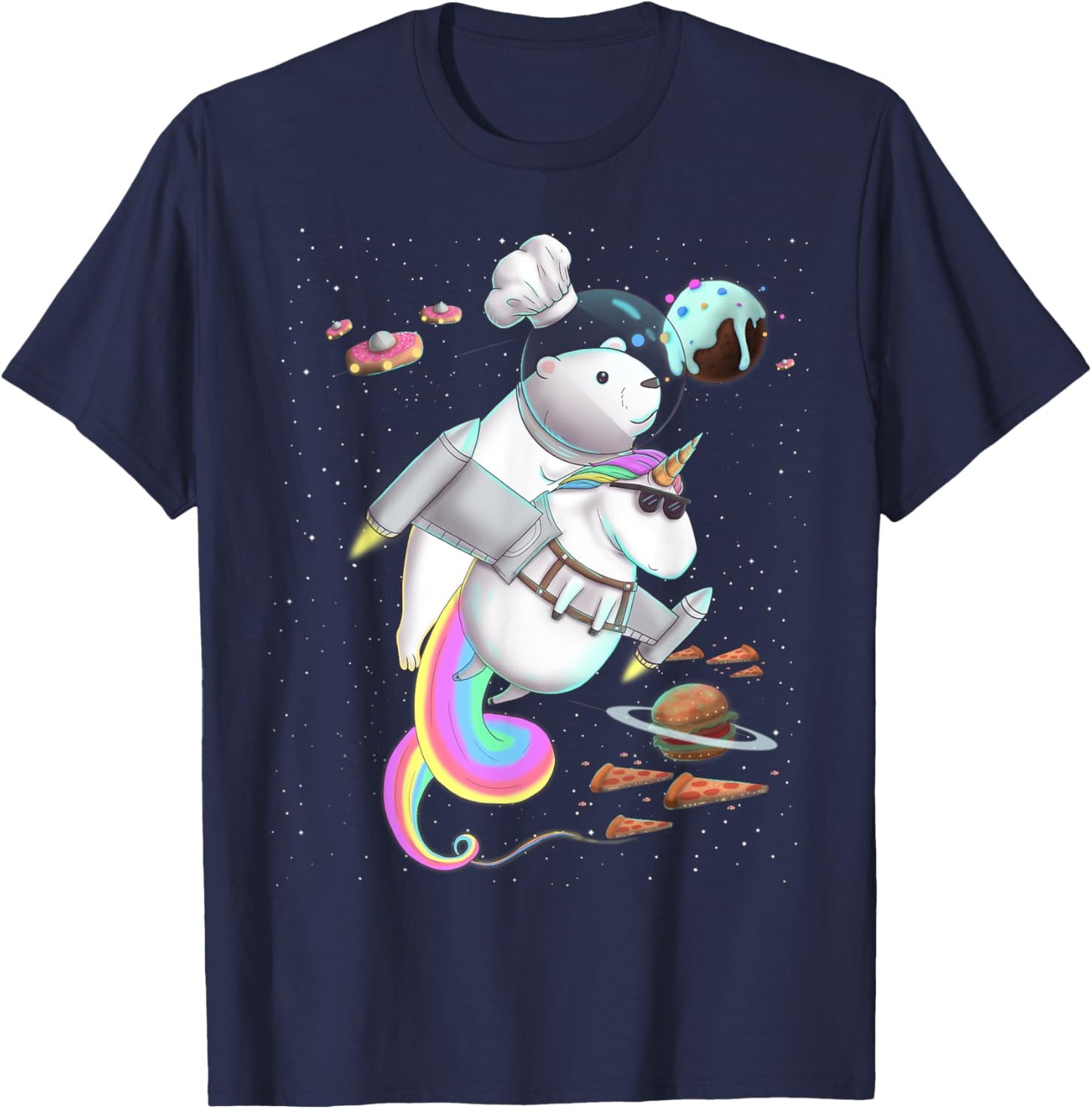 Polar Bear Riding Unicorn Food Pizza Space Party Planet T-Shirt - T-Shirt | Navy