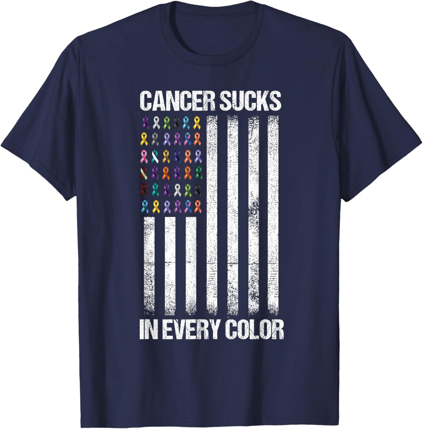 Cancer Sucks in Every Color USA American Flag Ribbons T-Shirt - T-Shirt | Navy