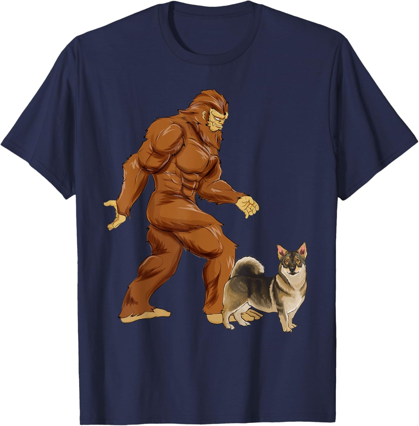 Funny Bigfoot Walking Swedish Vallhund Sasquatch Dog Men Women Kids T-Shirt - T-Shirt | Navy