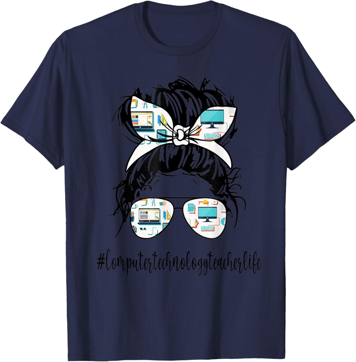 Computer Technology Teacher Life Messy Bun Back to School T-Shirt - T-Shirt | Navy