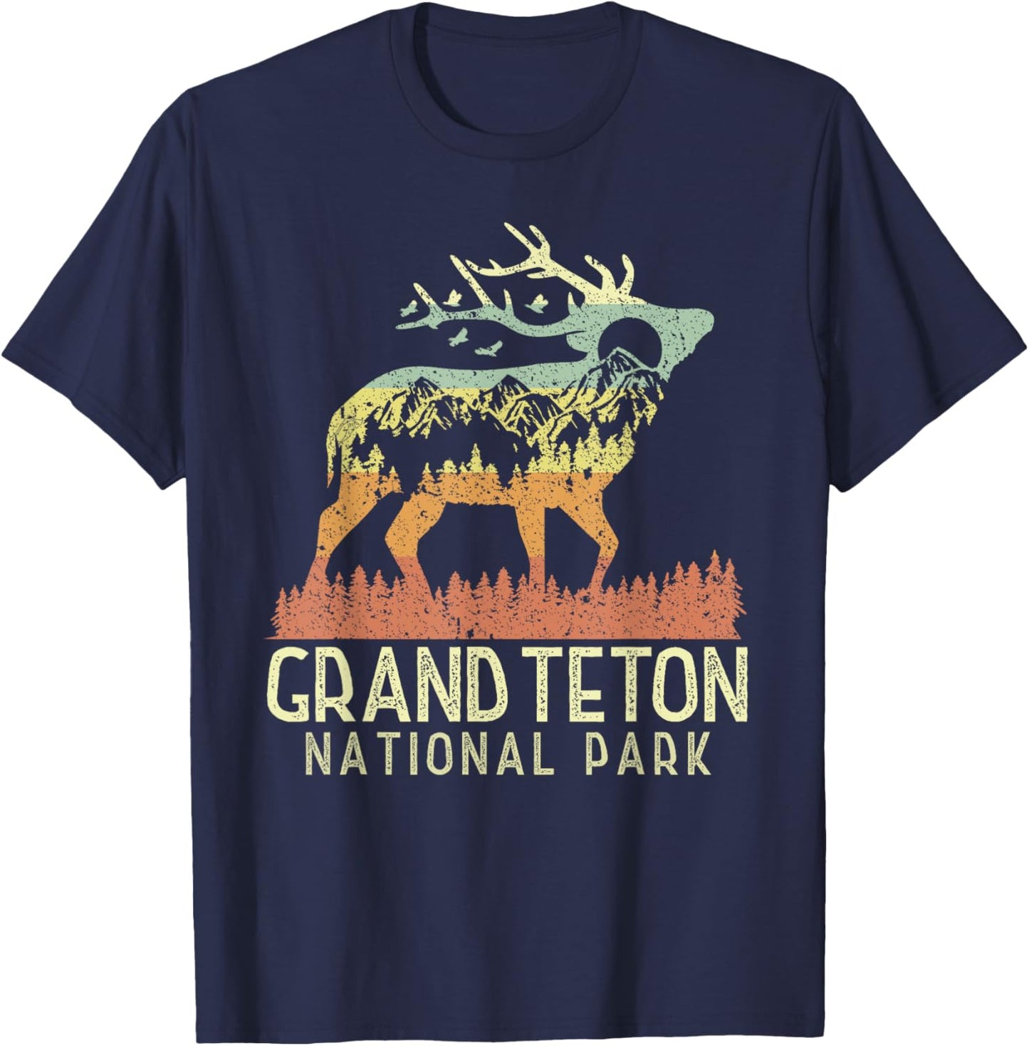 Grand Teton National Park Retro Mountain Vintage Elk Gift T-Shirt - T-Shirt | Navy
