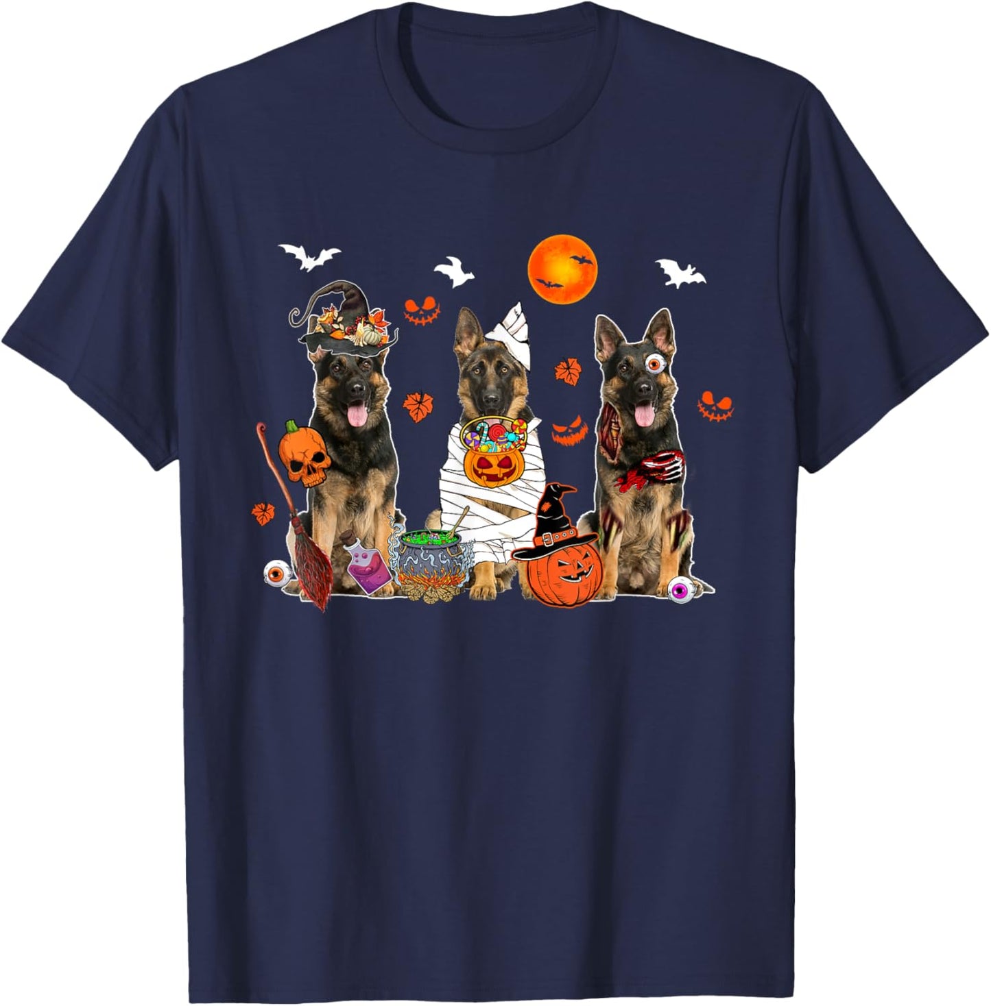 Three German Shepherds Witch Scary Mummy Halloween Zombie T-Shirt - T-Shirt | Navy