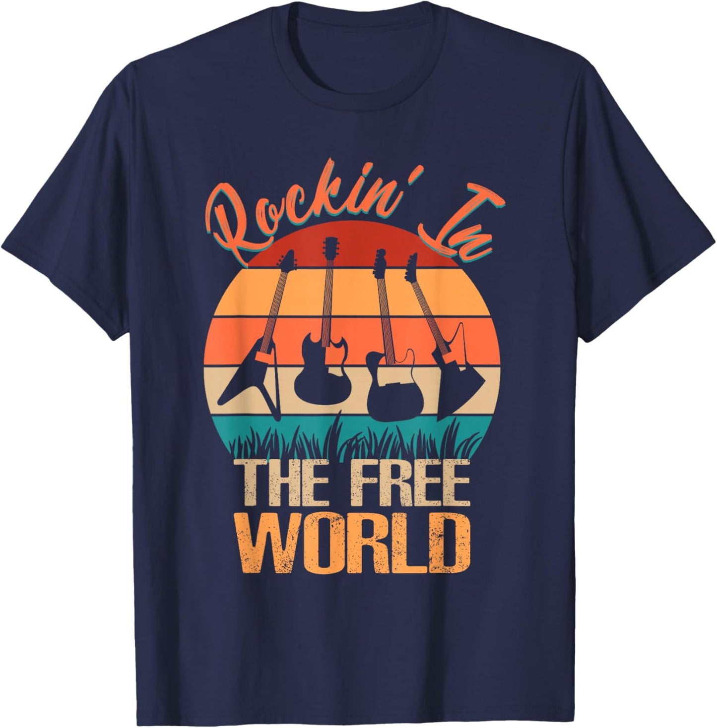 Rocking In The Free World Retro Guitar Band Gift T-Shirt - T-Shirt | Navy
