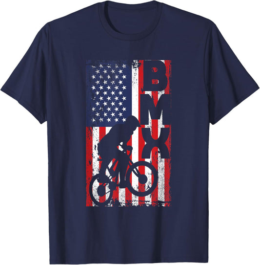 American Flag BMX Racing Extreme Sport Riding Cool Bike Ride T-Shirt - T-Shirt | Navy