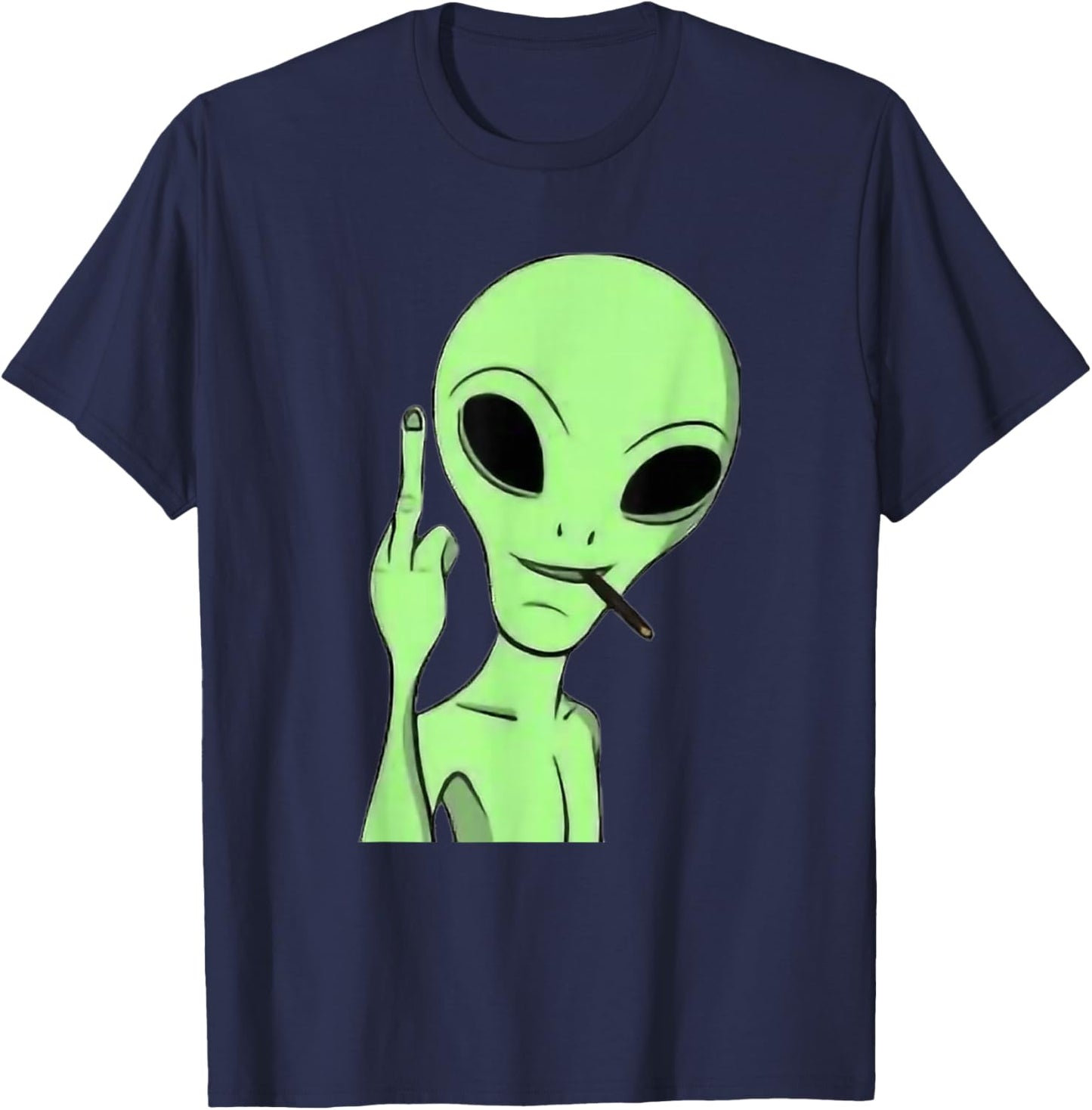 Martian Alien Smoking Blunt Flipping Middle Finger Art T-Shirt - T-Shirt | Navy
