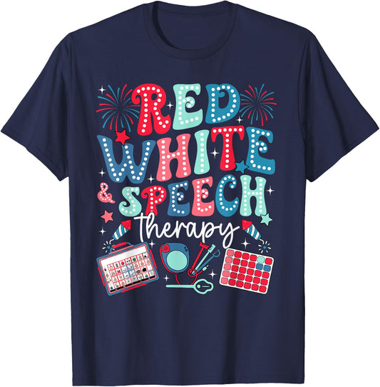 Retro Red White And Speech Therapy Fourth 4th July SLP SLPA T-Shirt - T-Shirt | Navy