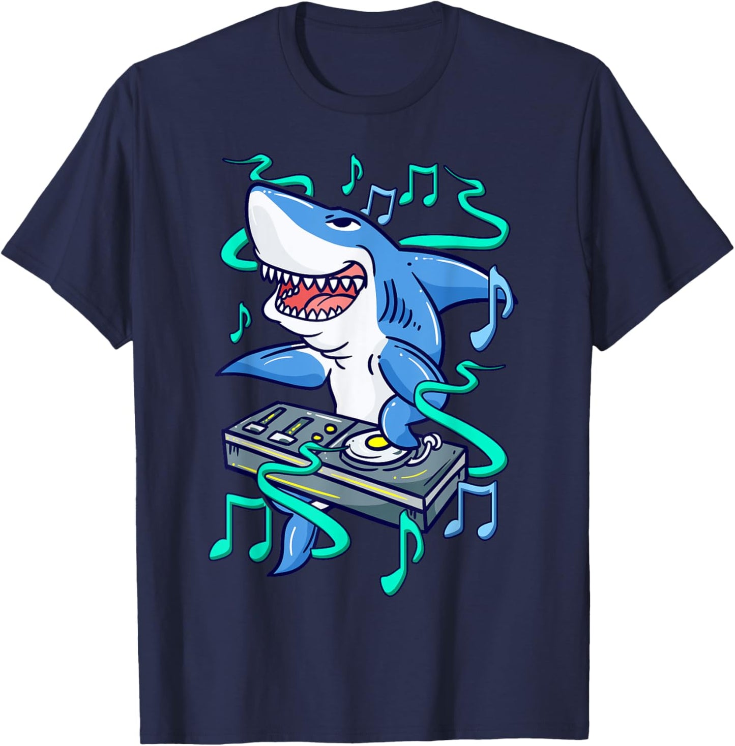 Shark DJ Mixing on Turntables - Funny Music Mixer T-Shirt - T-Shirt | Navy