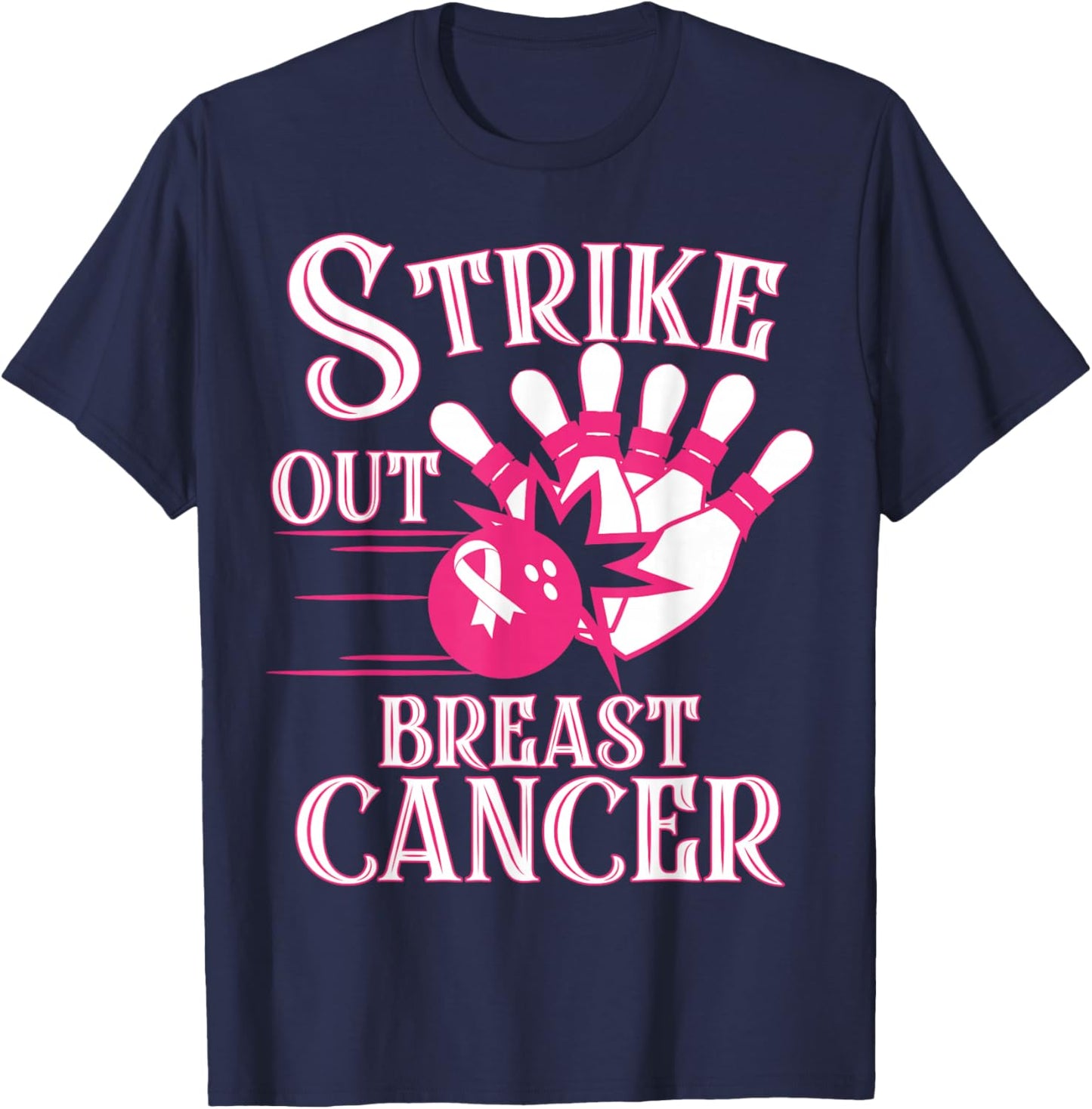 Breast Cancer Awareness - Bowling Strike Out Pink Ribbon T-Shirt - T-Shirt | Navy