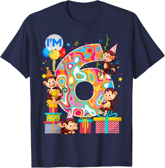 6th B-Day Monkey Birthday Zoo Animal 6 Year Old Funny T-Shirt - T-Shirt | Navy