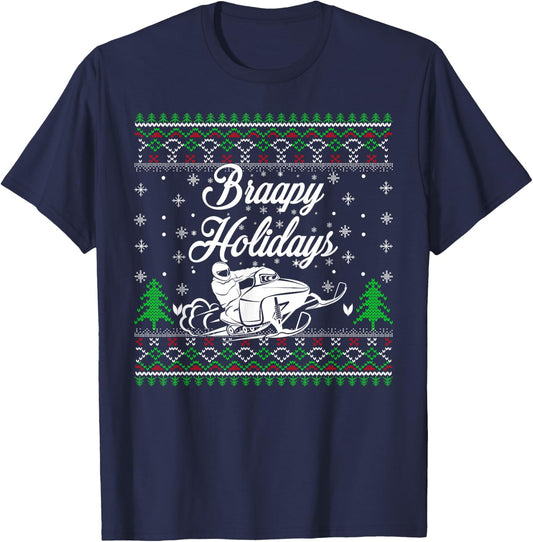 Braapy Holidays Funny Snowmobile Braap Ugly Christmas T-Shirt - T-Shirt | Navy