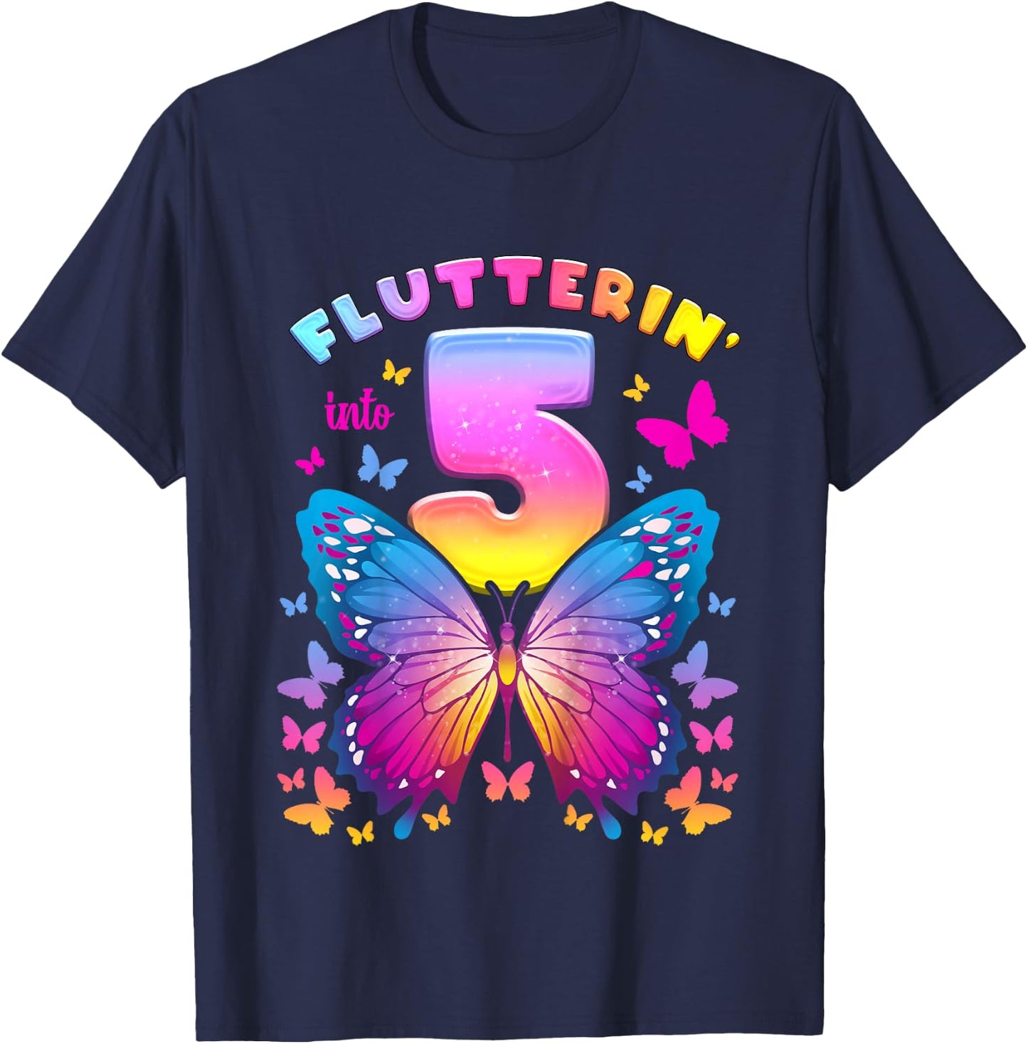 5th Birthday Girl 5 Years Butterfly Number 5 T-Shirt - T-Shirt | Navy