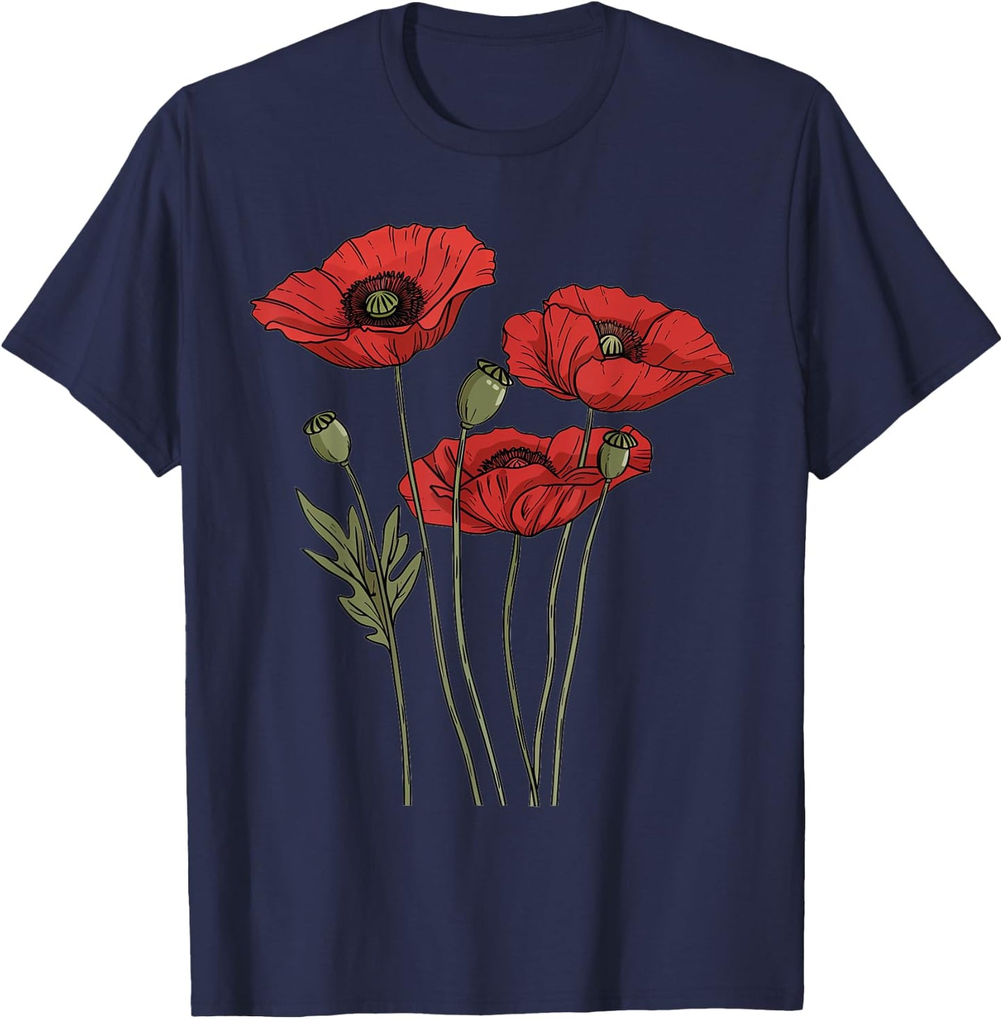 Poppy Flower Botanical Vintage Poppies Floral T-Shirt - T-Shirt | Navy