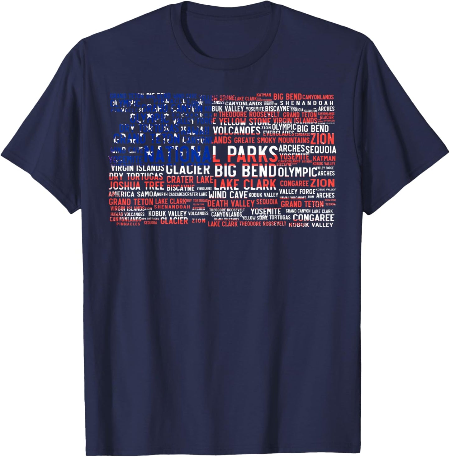 National Parks USA List Word Cloud US Flag Camping & Hiking T-Shirt - T-Shirt | Navy