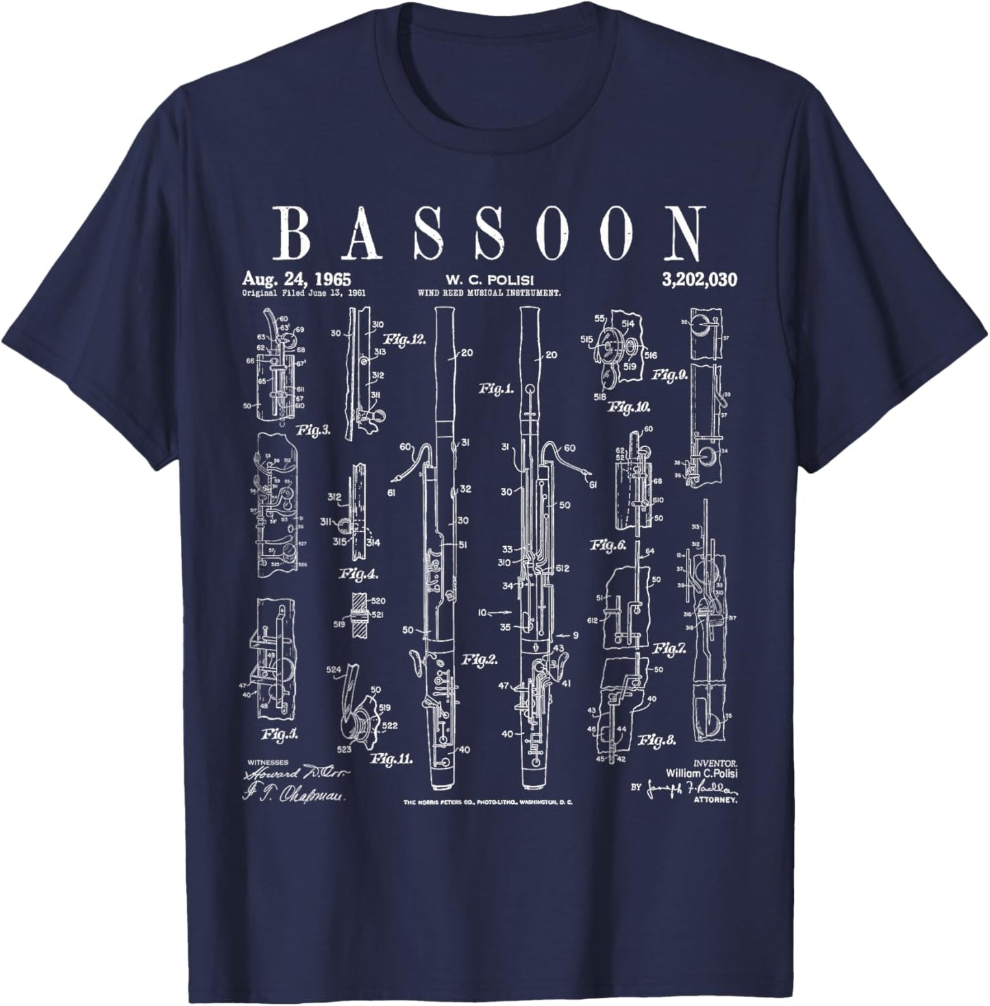 Bassoon Player Vintage Patent Bassoonist Drawing Print T-Shirt - T-Shirt | Navy