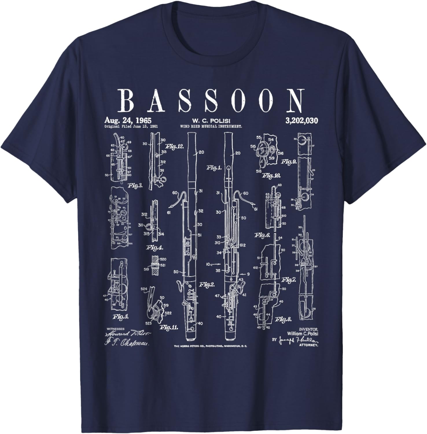 Bassoon Player Vintage Patent Bassoonist Drawing Print T-Shirt - T-Shirt | Navy