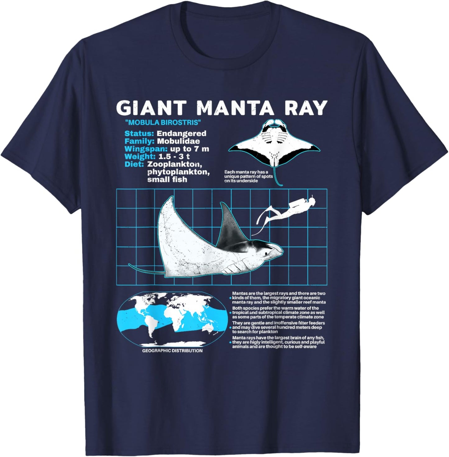 Manta Ray Fact Sheet T-Shirt - T-Shirt | Navy