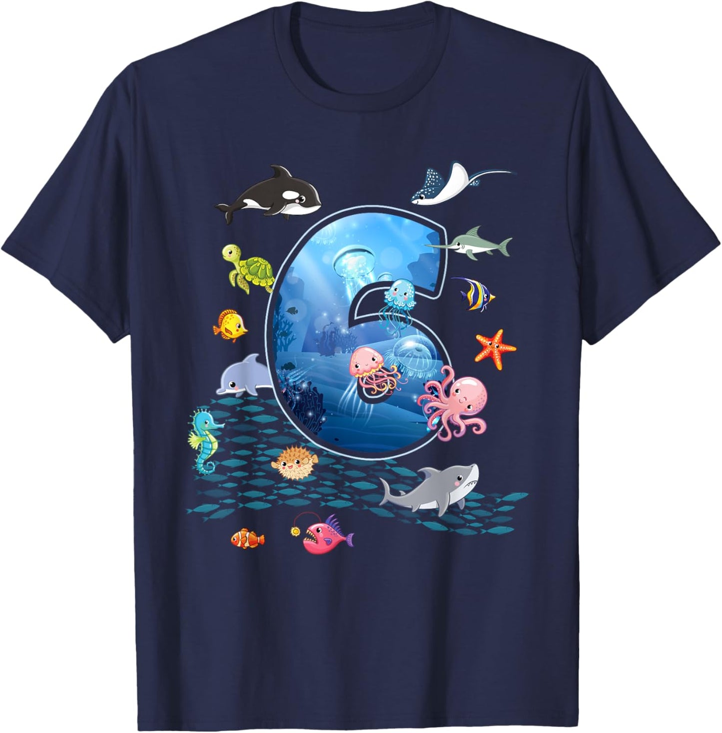 6th Birthday Aquarium Sea Aquatic Animals Lover Boys Girls T-Shirt - T-Shirt | Navy