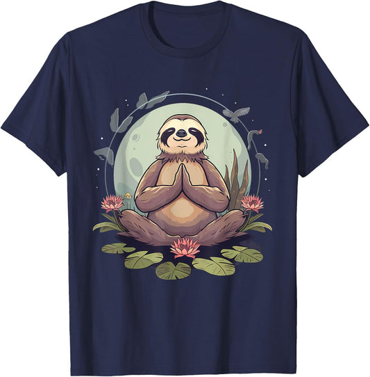 Sloth Meditation Buddhist Yoga Zen Buddha Nature Floral T-Shirt - T-Shirt | Navy