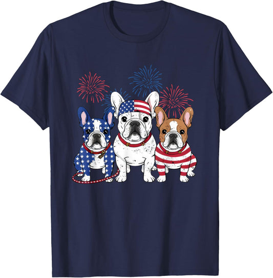 3 US Flag French Bulldogs 4th Of July Patriotic Frenchie Dog T-Shirt - T-Shirt | Navy