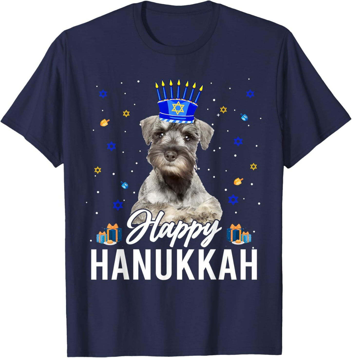 Happy Hanukkah Miniature Schnauzer Menorah Hat Jewish Xmas T-Shirt - T-Shirt | Navy