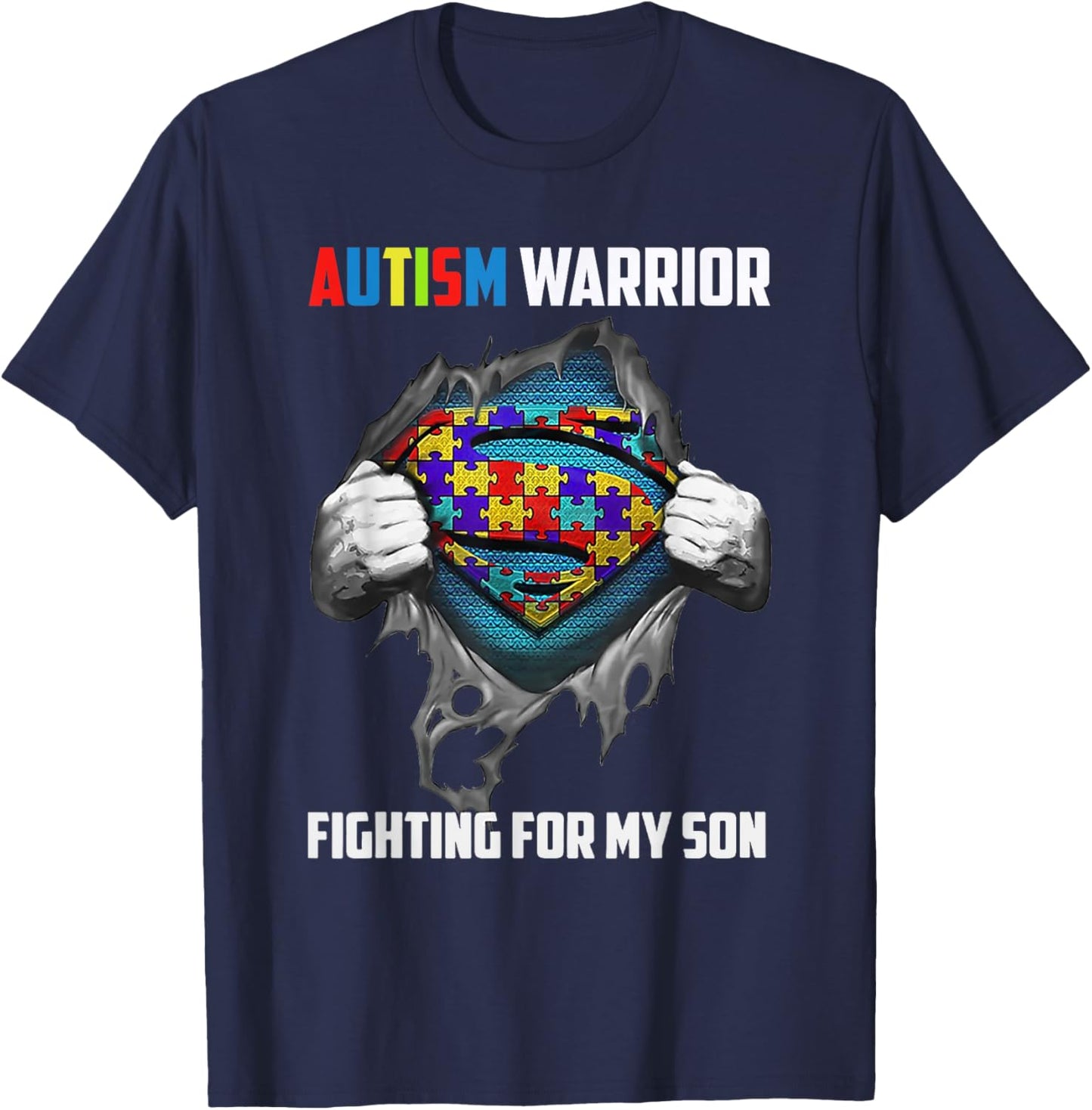 Autism Warrior Fighting for My Son Autism Mom Dad Parents T-Shirt - T-Shirt | Navy