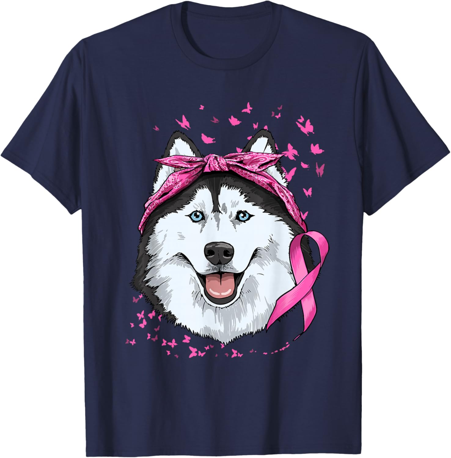 Siberian Husky Pink Ribbon Breast Cancer Awareness Survivor T-Shirt - T-Shirt | Navy