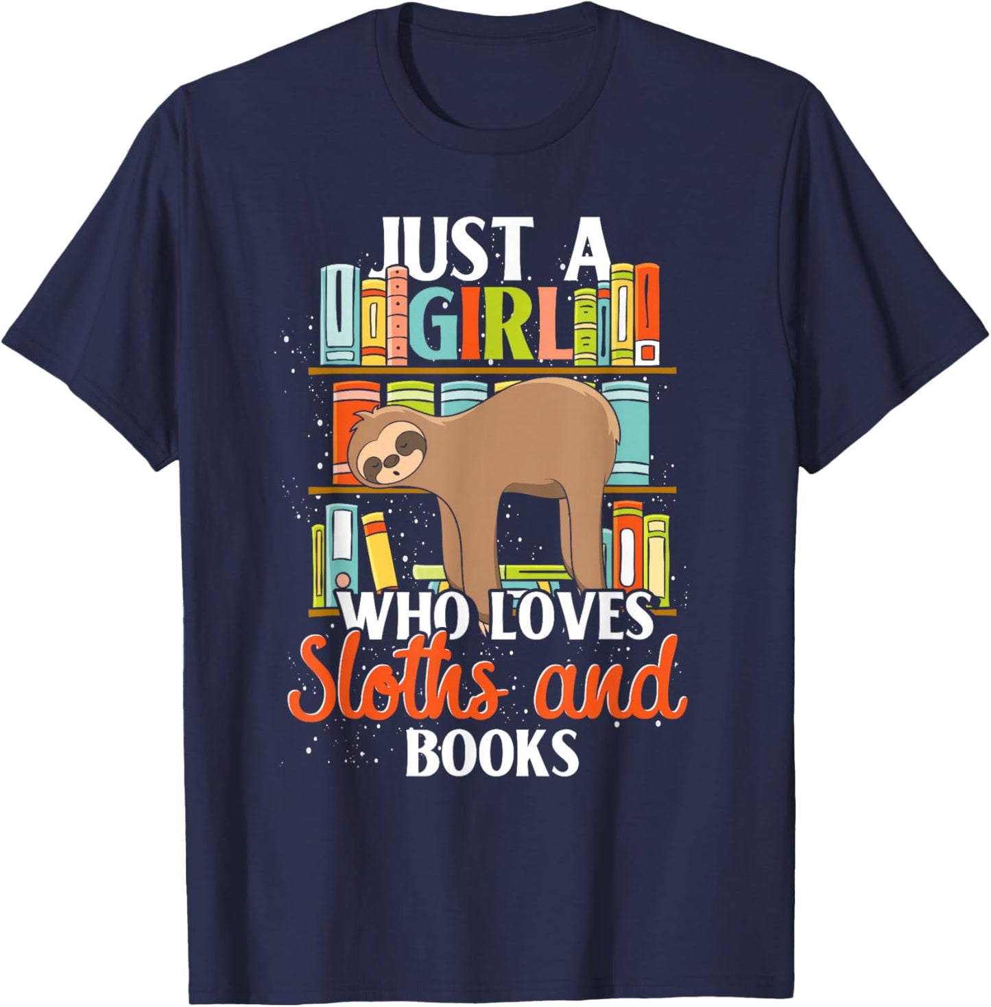 Tropical Zoo Animal Books Reading Sleeping Sloth Girl T-Shirt - T-Shirt | Navy