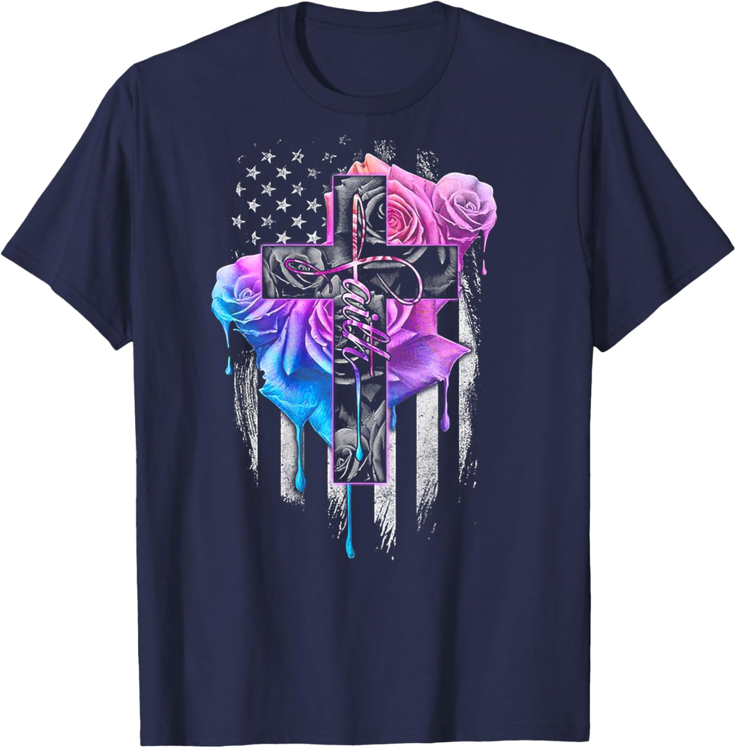Faith Rose Watercolor Cross (on back) T-Shirt - T-Shirt | Navy