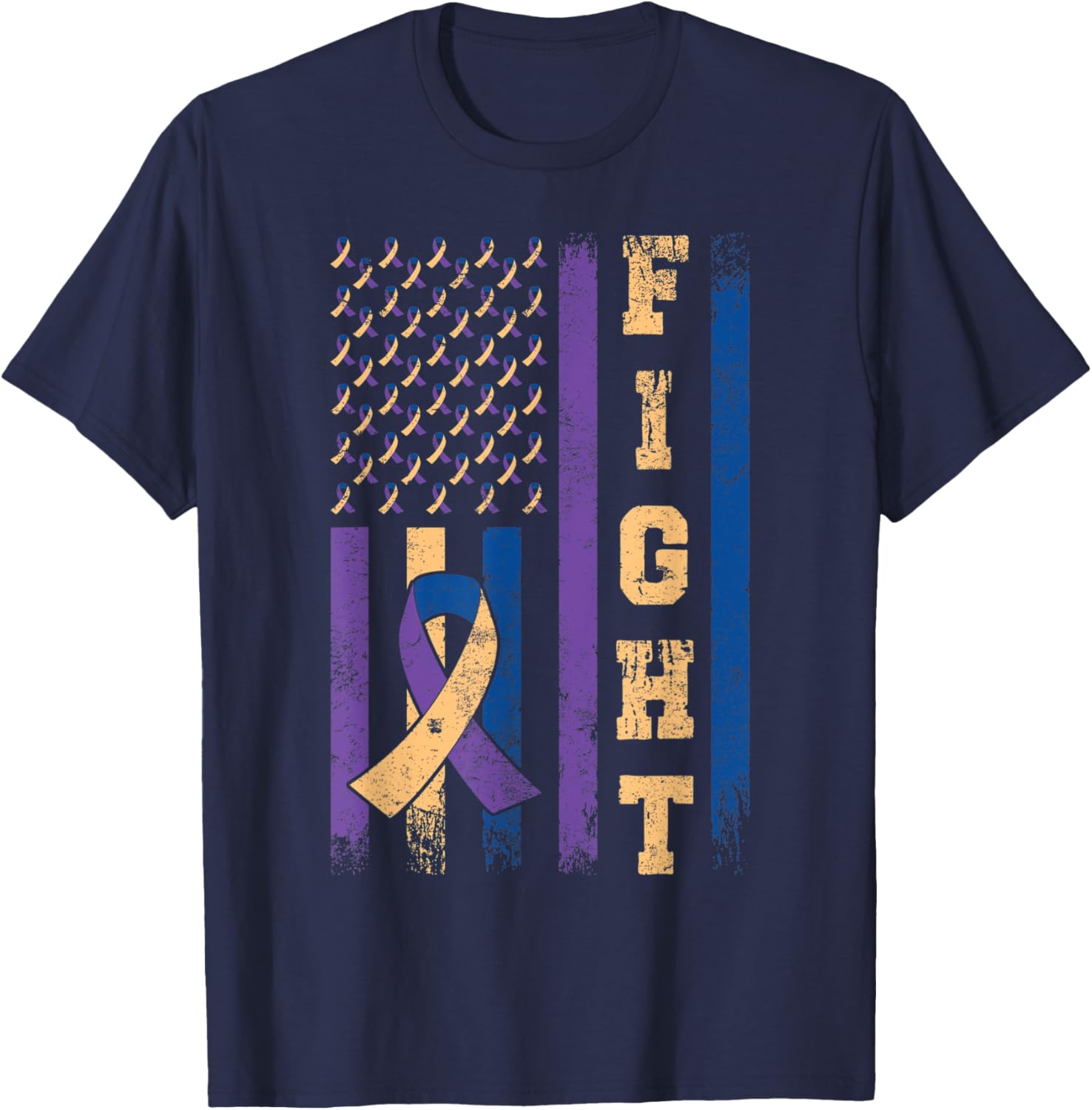 Vintage Fight Bladder Cancer Awareness Ribbon American Flag T-Shirt - T-Shirt | Navy