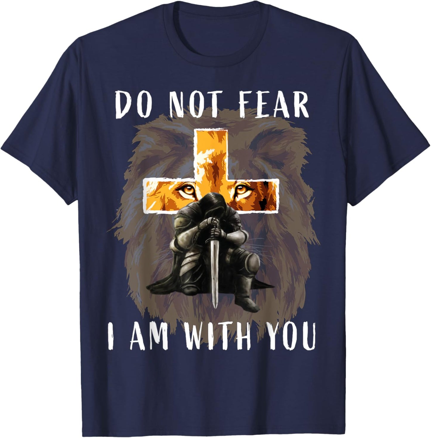 Christian Bible Verse Shirt Men Dad Lion Faith Fear Graphic T-Shirt - T-Shirt | Navy