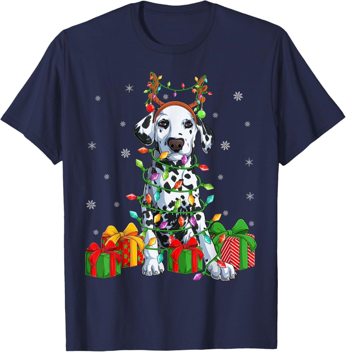 Dalmatian Dog Xmas Lighting Reindeer Hat Dalmatian Christmas Women Kids T-Shirt - T-Shirt | Navy