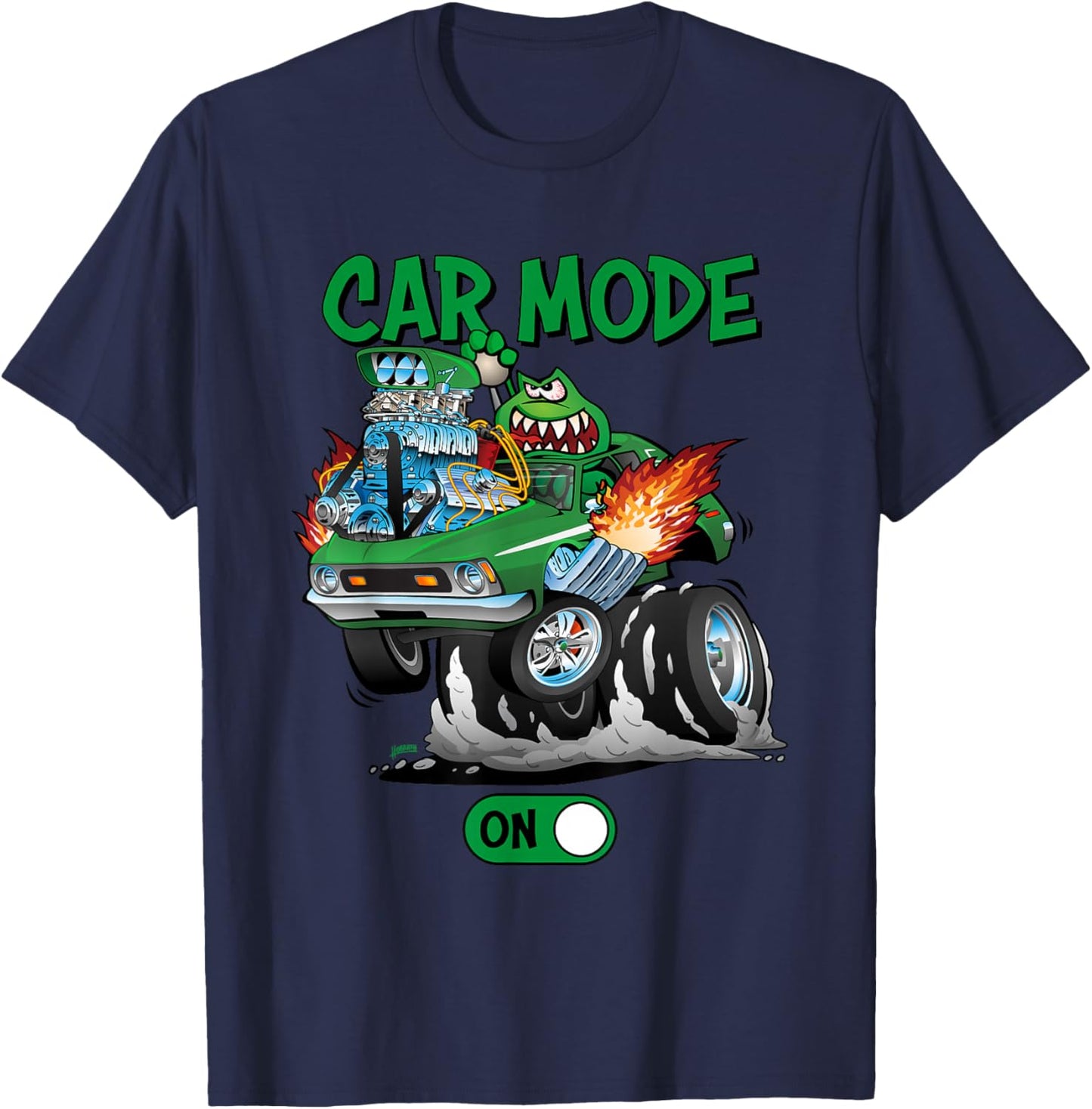 Car Mode On Funny Seventies Classic Car Dragster Cartoon T-Shirt - T-Shirt | Navy