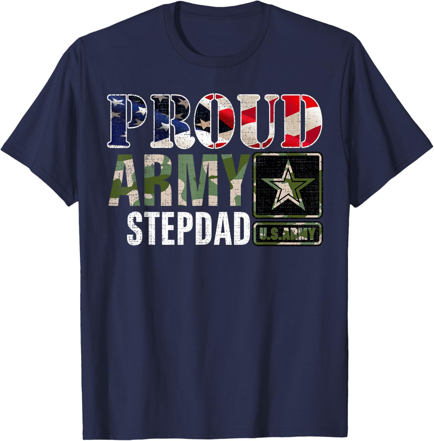 Vintage Proud Army Stepdad Camo With American Flag Gift T-Shirt - T-Shirt | Navy