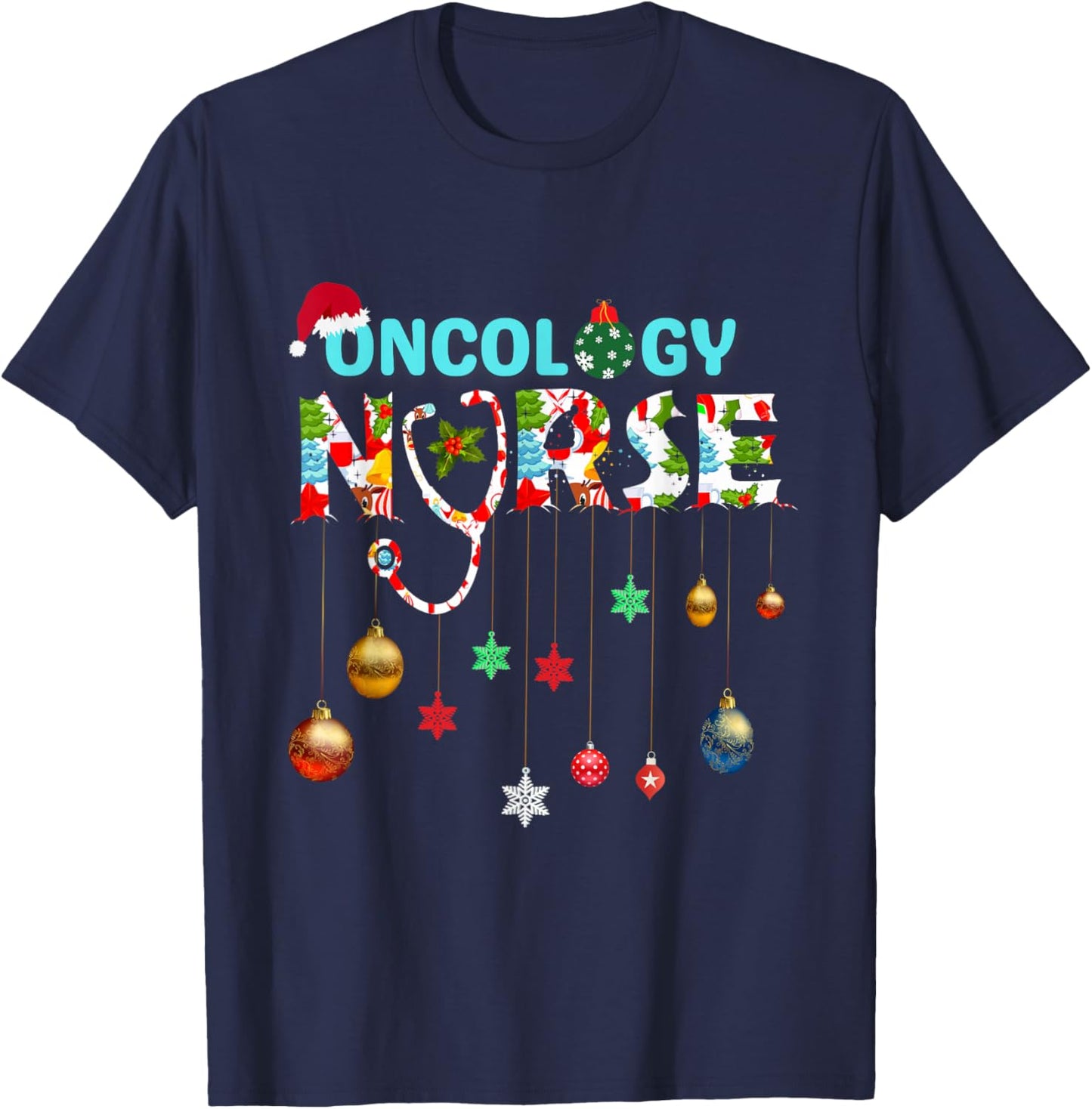 Merry Christmas Oncology Nurse RN Oncologist Nursing Gift T-Shirt - T-Shirt | Navy