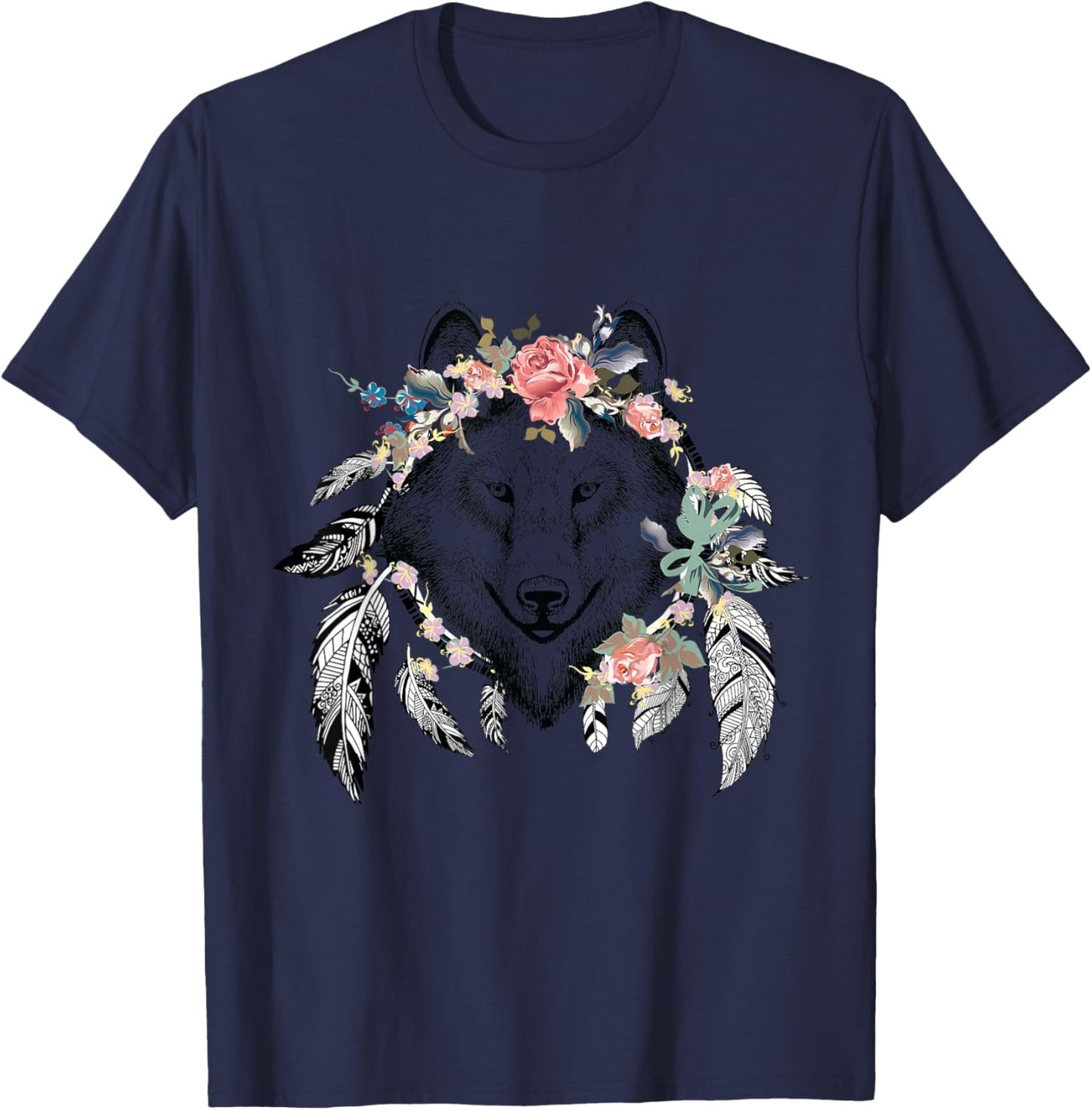 Ethnic Tribal Wolf Head Boho Feather Native American Hippie T-Shirt - T-Shirt | Navy