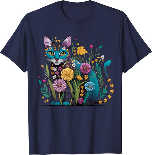 Stunning Blue Cat in Wildflowers Cat Cottagecore Aesthetic T-Shirt - T-Shirt | Navy