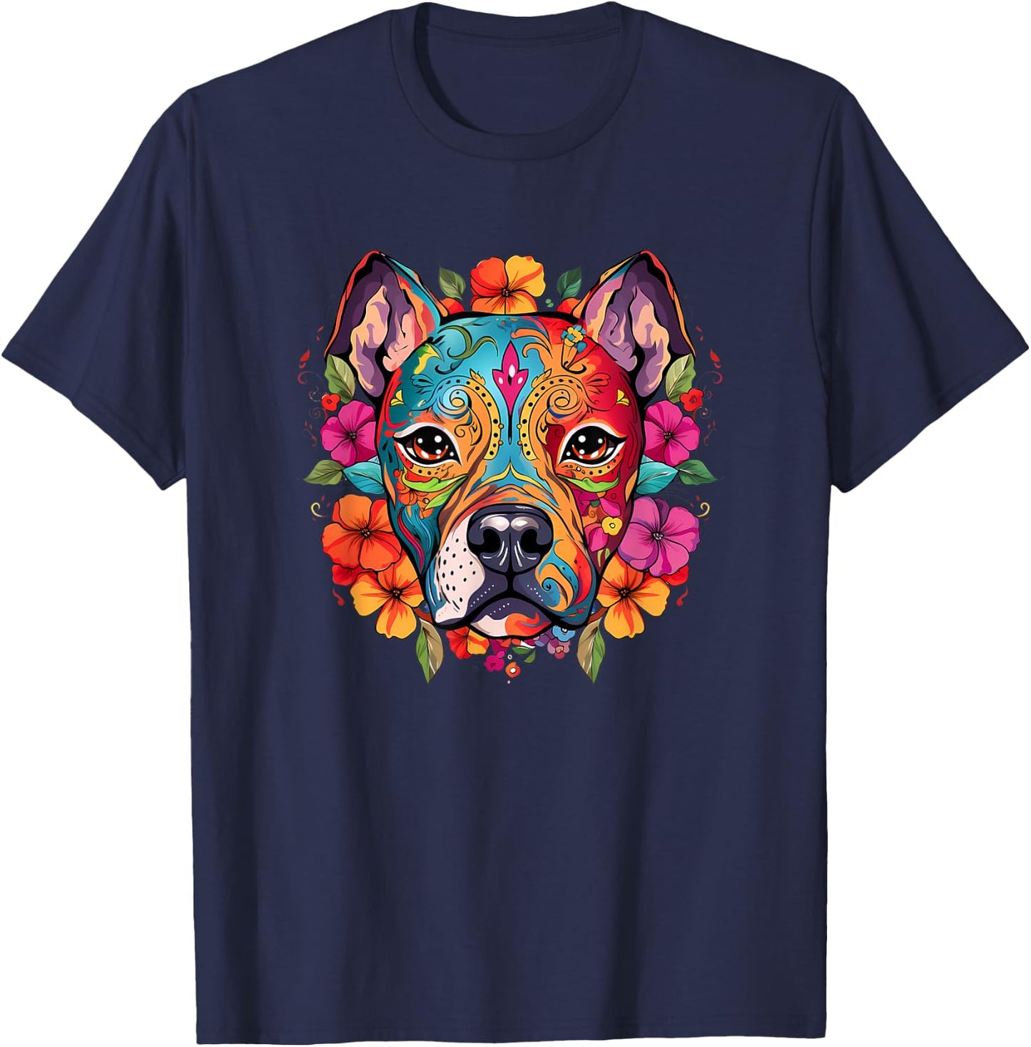 Halloween, Pit Bull, Sugar Skull, Funny, Dogs, Flowers T-Shirt - T-Shirt | Navy