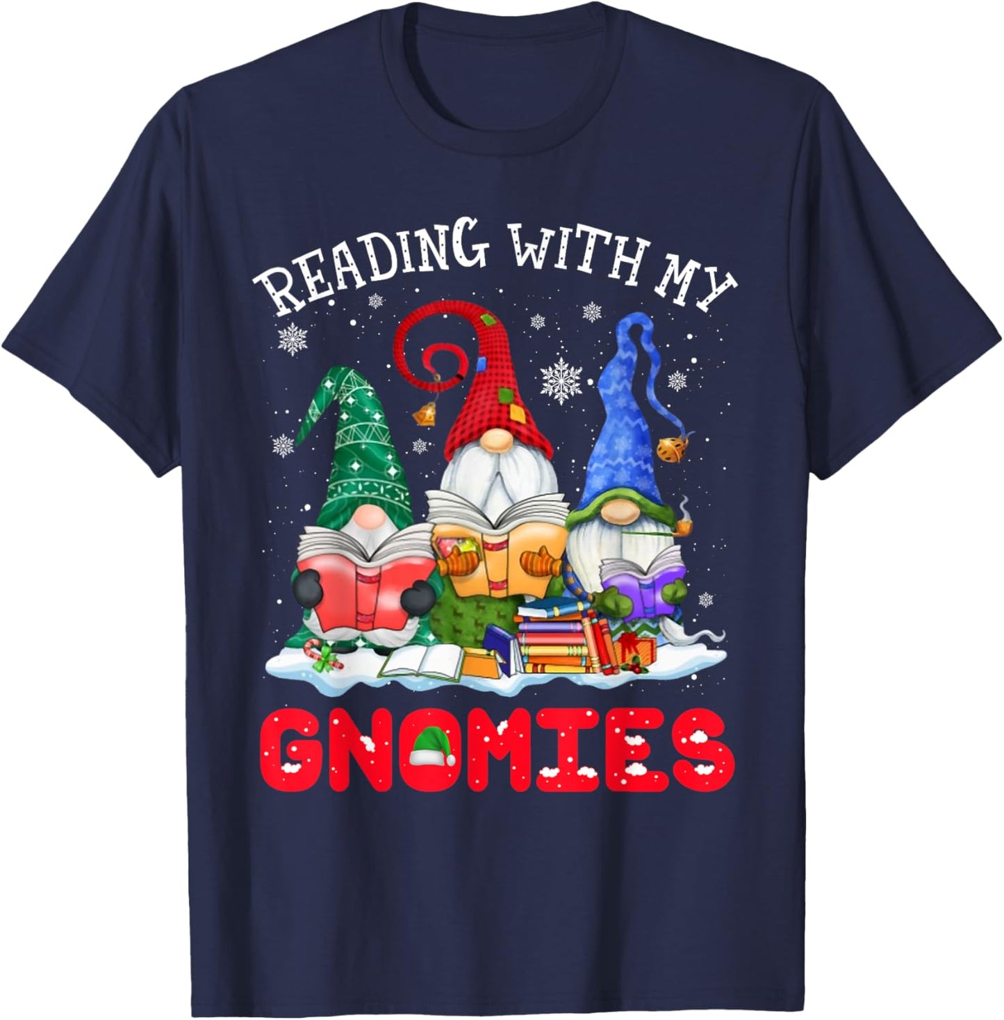 Reading With My Gnomies Christmas Funny Gnomes Reading Books T-Shirt - T-Shirt | Navy