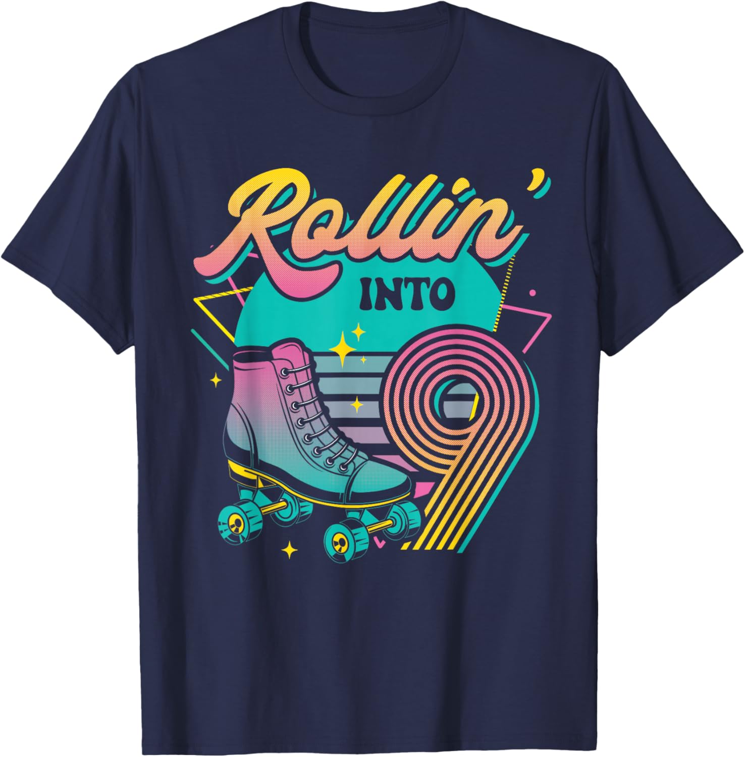 Roller Skate 9th Birthday Party Rolling into 9 Retro Girl T-Shirt - T-Shirt | Navy
