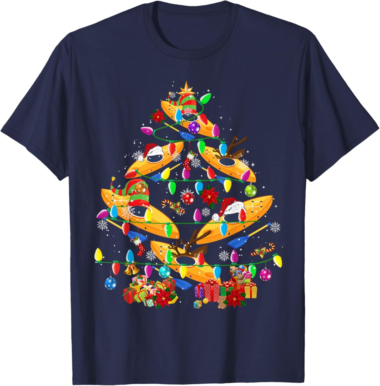 Kayak Boat Christmas Tree Funny Light Santa Kayak Boat T-Shirt - T-Shirt | Navy