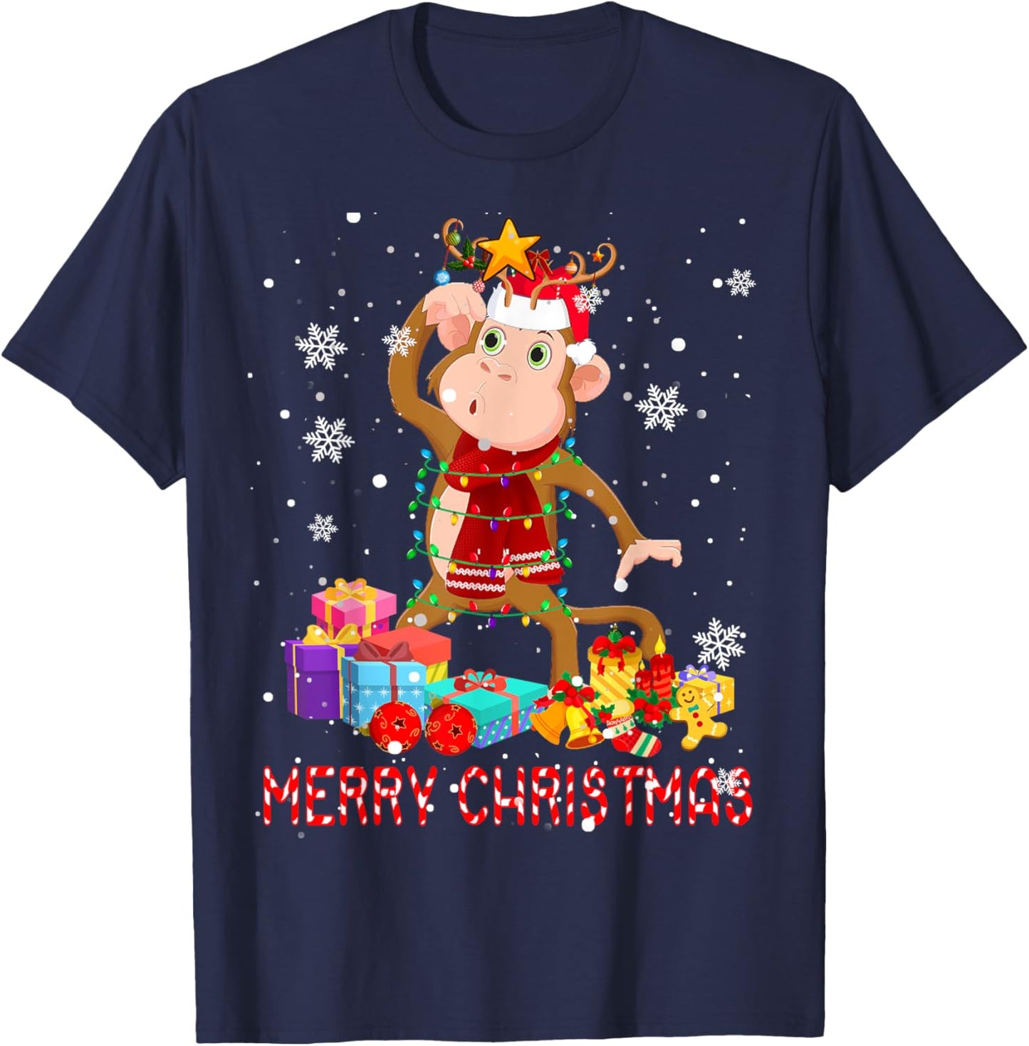 Merry Christmas Cute Christmas Lights Santa Reindeer Monkey T-Shirt - T-Shirt | Navy