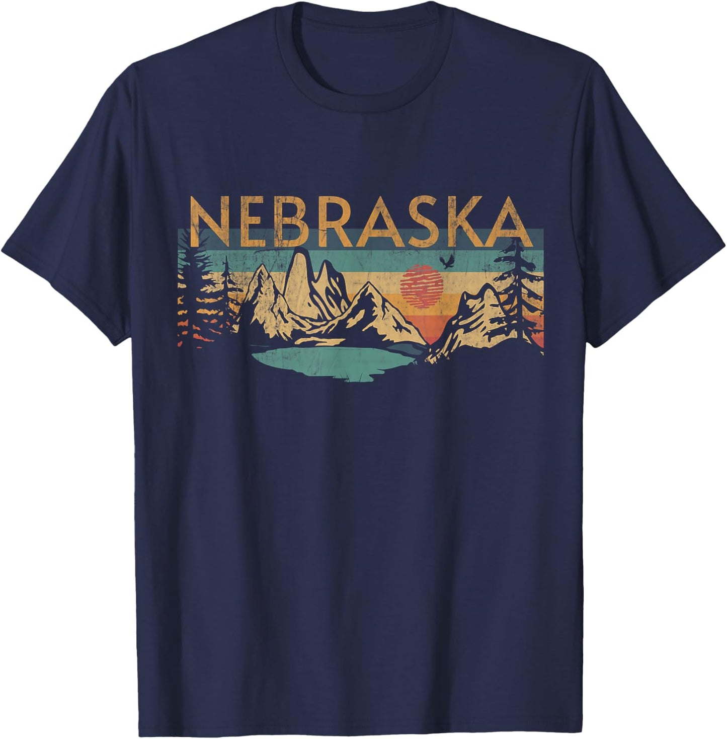 Nebraska USA Outdoor Vintage Nebraska Grey Retro Sunset Classic Fit Short Sleeve -Adults Small T-Shirt - T-Shirt | Navy