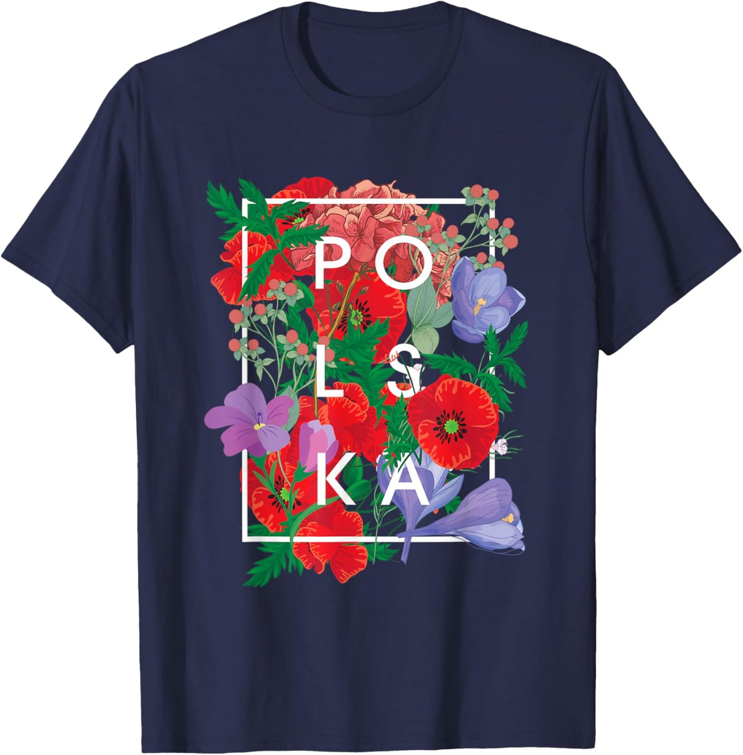 Flowers of Poland Word Art - Polska Polish Pride T-Shirt - T-Shirt | Navy