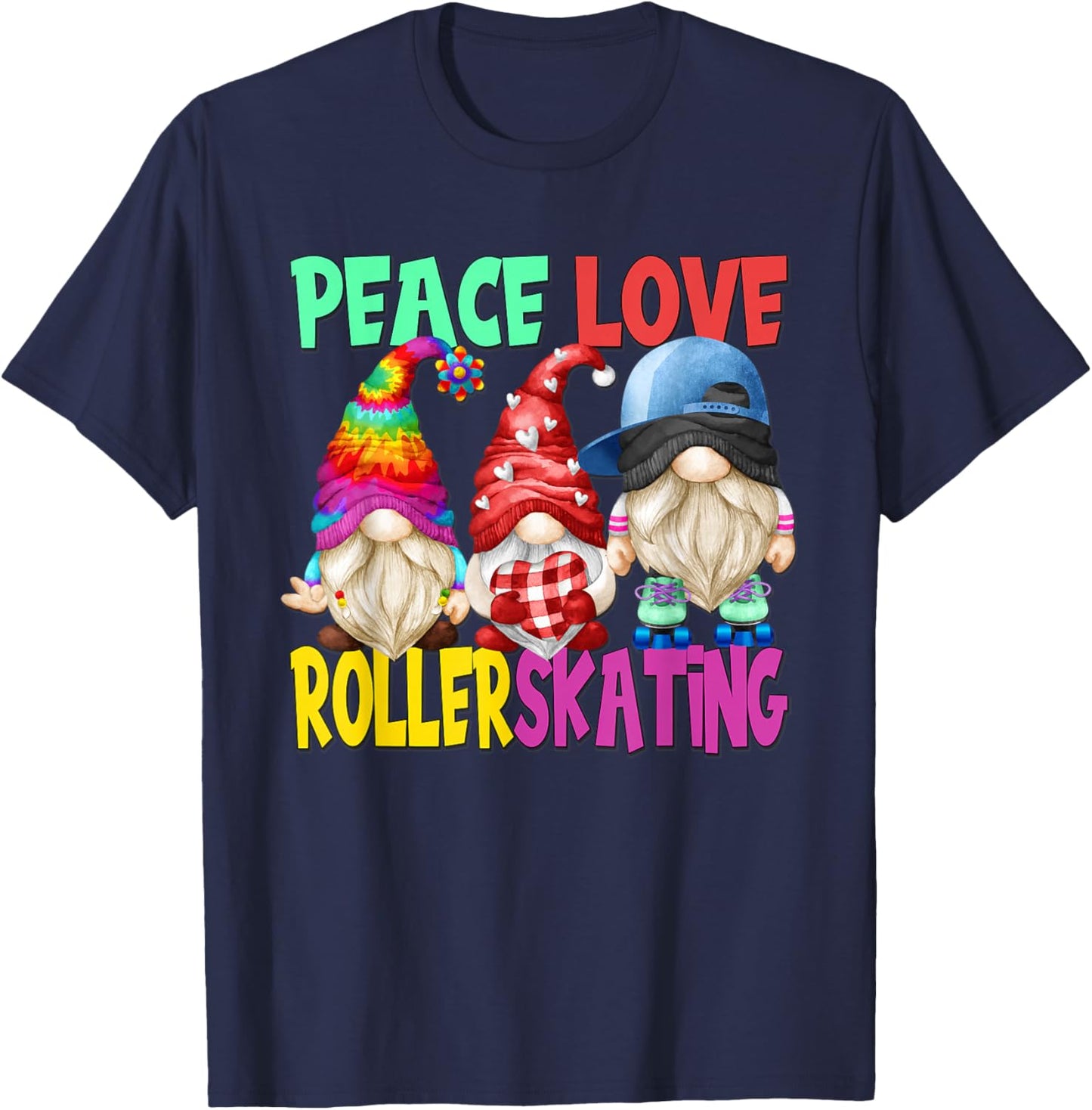 Peace Love Roller Skating Gnome For Rollerskating Party T-Shirt - T-Shirt | Navy