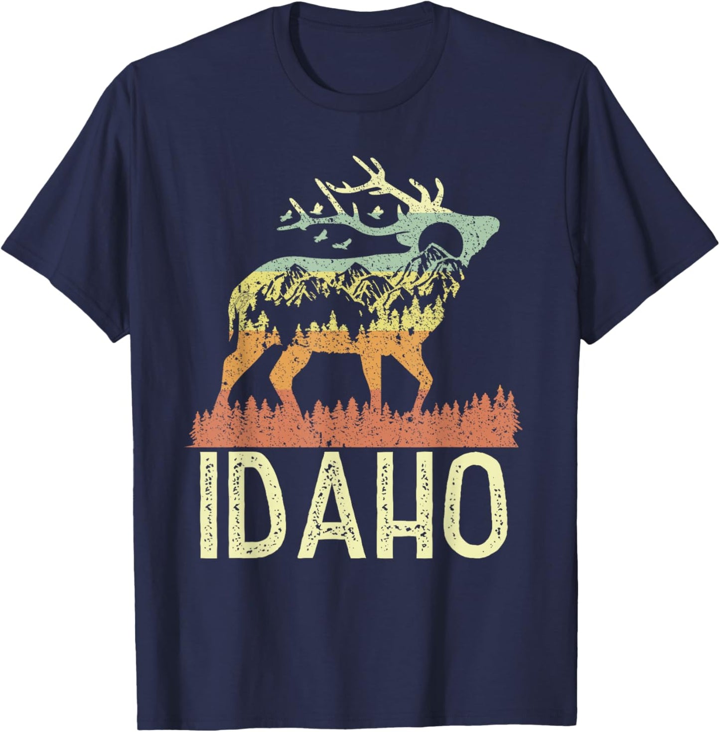 Idaho Retro Mountain Vintage Elk Hiking Men Women Kids Gift T-Shirt - T-Shirt | Navy
