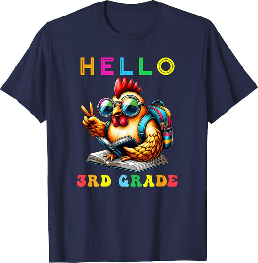 Hello Third Grade Chicken Lover Back to School Kids Teacher T-Shirt - T-Shirt | Navy
