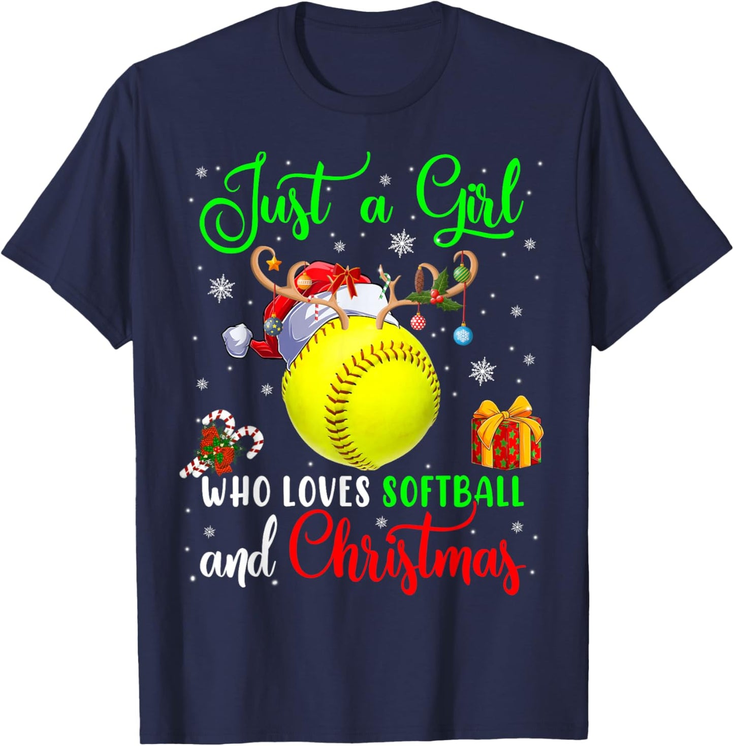 Just A Girl Who Loves Softball And Christmas Santa Reindeer T-Shirt - T-Shirt | Navy